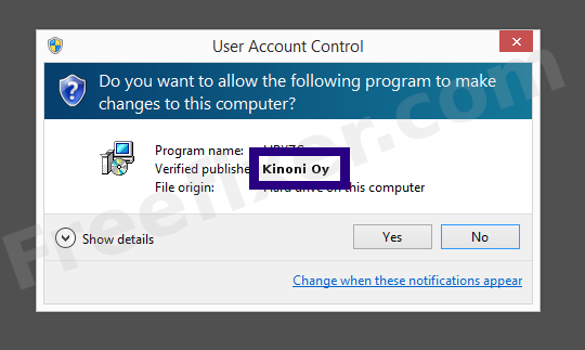 Screenshot where Kinoni Oy appears as the verified publisher in the UAC dialog